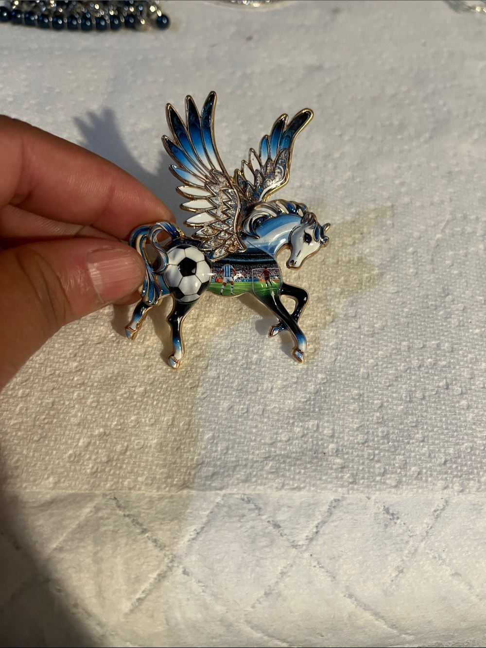 Blue & White Pegasus Bird Pin Brooch with Soccer Design